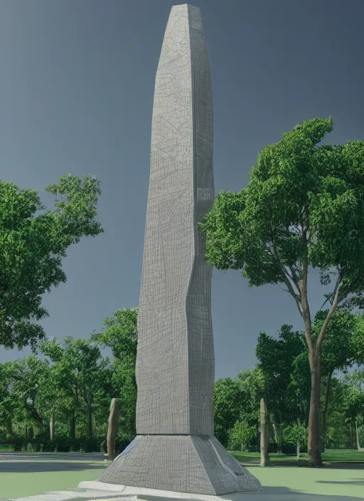 Image similar to highly detailed realistic architecture 3 d render of a futuristic stele monument in ieoh ming pei style standing in city park, archdaily, made in unreal engine 4 octane render