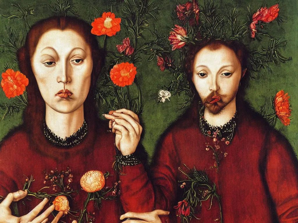 Prompt: The flower-eating weirdo. Portrait painting by Lucas Cranach.