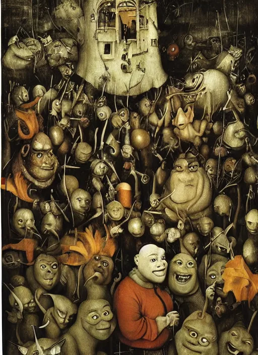 Prompt: Shrek by Hieronymus Bosch and James Jean, rule of thirds, highly detailed features, perfect symmetry, horror elements, horror theme, award winning