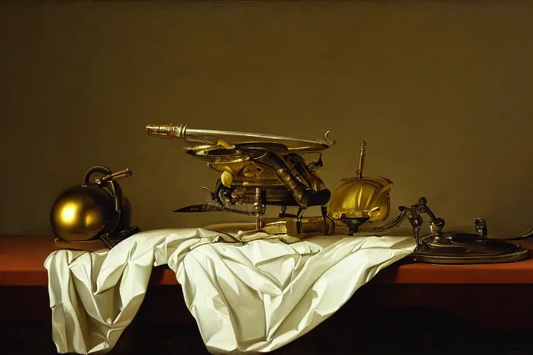 Image similar to still life painting of alien technology, by pieter claesz, oil on canvas, strong lighting, highly detailed, hyper realism, golden hour, god rays, hd, 4 k