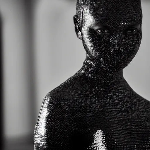 Image similar to fashion photography of a black alien model, short hair, wearing demobaza fashion, inside berghain, berlin fashion, futuristic fashion, dark minimal outfit, photo 3 5 mm leica, hyperdetail, berghain, 8 k, very detailed