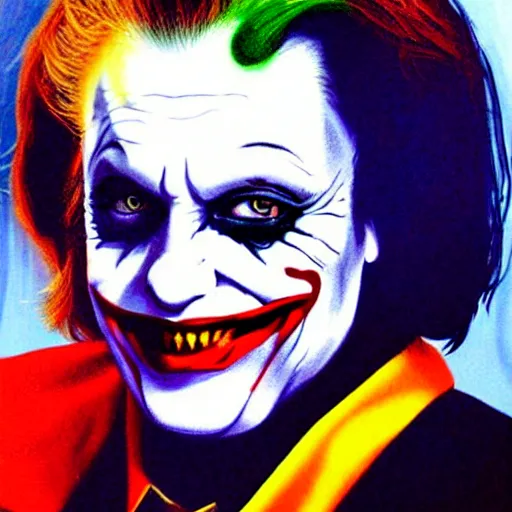 Image similar to angela merkel is the joker, airbrush art, drew struzan illustration art, key art, portrait