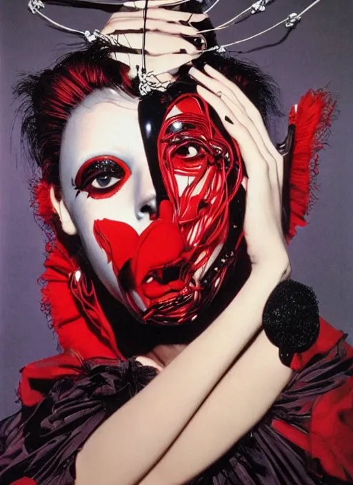 Image similar to an 8 0 s portrait of a woman with dark eye - shadow and red lips with dark slicked back hair, a mask made of wire and beads, dreaming acid - fueled hallucinations, psychedelic by serge lutens, rolf armstrong, peter elson, red cloth background, frilled puffycollar