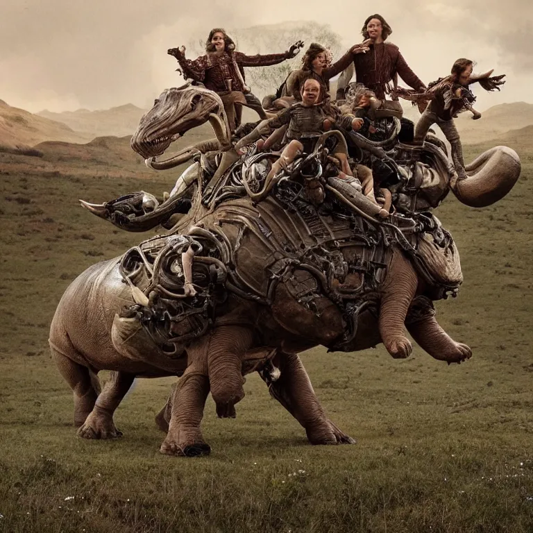 Image similar to 70mm still from a sci fi blockbuster movie made in 2022, set in 1860, of a family riding on the back of alien hippos, on an alien planet, across an alien landscape that is full of strange wild alien plants and flowers, the family are wearing 1850s era clothes, cinematic lighting, 8k, in focus faces, good quality lighting, good quality photography, oscar winner