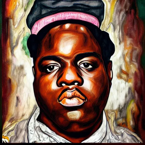 Prompt: a portrait of biggie smalls in style of egon schiele, notorious b. i. g., masterpiece, hyperdetailed, complex, intricate, 4 k, trending on artstation