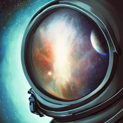 Image similar to portrait an astronaut looking into a mirror made of the Cosmos , subject in the center of the frame, wide angle shot, diffuse lighting, fantasy, intricate, elegant, highly detailed, lifelike, photorealistic, digital painting, illustration, concept art, smooth, sharp focus