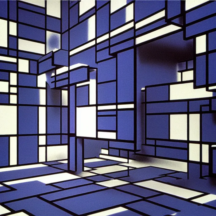 Prompt: 3 d futuristic environment, piet mondrian, shapes