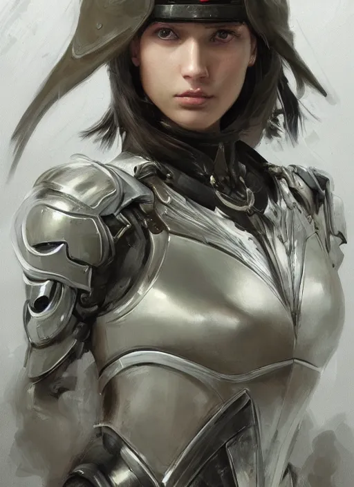 Image similar to a professional painting of a beautiful young female, clothed in military armor, olive skin, long dark hair, beautiful bone structure, symmetrical facial features, intricate, elegant, digital painting, concept art, smooth, sharp focus, illustration, from Metal Gear, by Ruan Jia and Mandy Jurgens and Artgerm and William-Adolphe Bouguerea