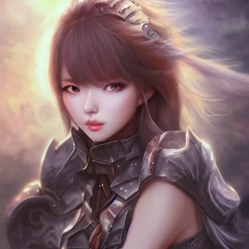 Image similar to realistic beautiful gorgeous natural cute fantasy warrior girl art drawn full HD 4K highest quality in artstyle by professional artists WLOP, Taejune Kim, yan gisuka, JeonSeok Lee, artgerm, Ross draws, Zeronis, Chengwei Pan on Artstation
