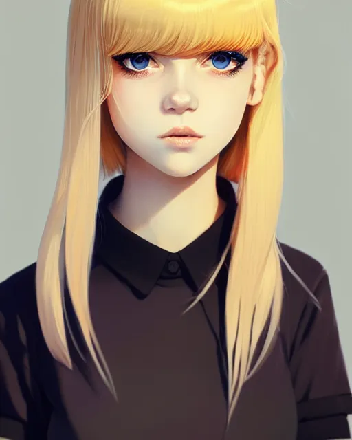 Image similar to really cool up close portrait of a beautiful blonde english emo girl in tshirt, by saruei and guweiz and ilya kuvshinov and rockwell and warhol and range murata!!, magic art, sleek curves, intricate sharp focus, trending on artstation hq, deviantart, pinterest, unreal engine 5, 4 k uhd image