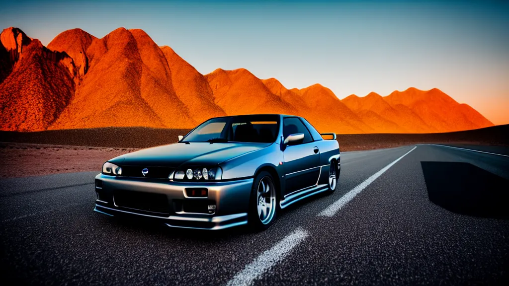 Image similar to three quarter front photo of a stock dark grey nissan r 3 2 skyline gtr on a road in a desert with a mountain in the background in the early morning, car photography, zoom lens, blue hour, photorealistic