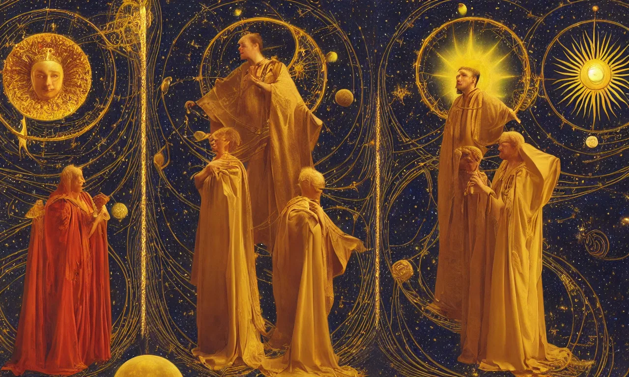 Image similar to sun king and moon prince in the cosmic court of mystical astronomy, art by james c. christensen and thomas cooper gotch