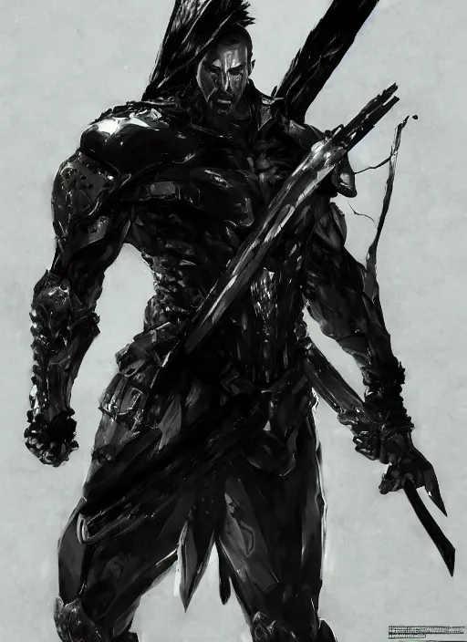 Prompt: Full body portrait of giant Nicholas Cage with a giant black blade. In style of Yoji Shinkawa and Hyung-tae Kim, trending on ArtStation, dark fantasy, great composition, concept art, highly detailed, dynamic pose.