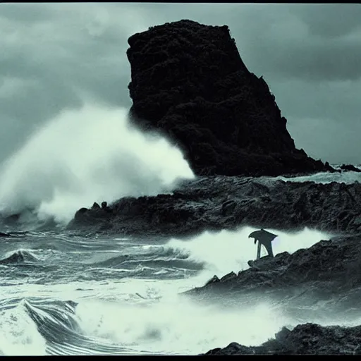 Image similar to dark and moody 1 9 7 0's artistic spaghetti western film in color, a woman in a giant billowy wide long flowing waving white dress transforming into sea spray, standing inside a green mossy irish rocky scenic landscape, crashing waves and sea foam, volumetric lighting, backlit, moody, atmospheric, fog, extremely windy, soft focus