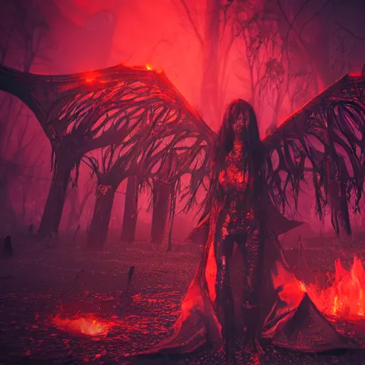 Prompt: bloody vampire princess summons burning demon serious colorful gothic ceremony 4 k high definition soft diffuse lighting artstation trending path traced contrast light and dark colorful bokeh massive scale cinematic breathtaking lovecraftian horror nightmare apocalypse cataclysm in the style of elden ring