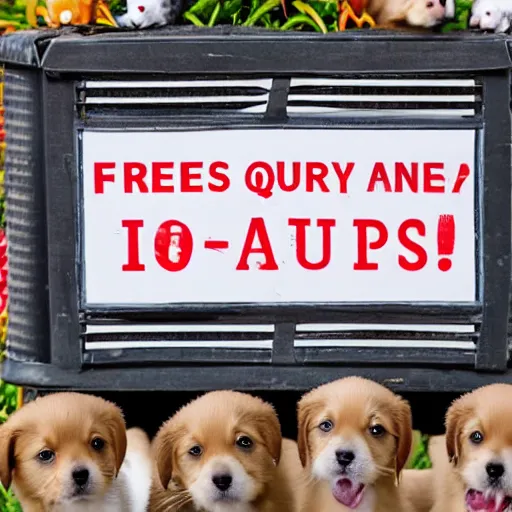 Image similar to photo of a sign beside a box of puppies saying Free Puppies, highly detailed, high quality, HD, 4k, 8k, Canon 300mm, professional photographer, 40mp, lifelike, top-rated, award winning, realistic, sharp, no blur, edited, corrected, trending