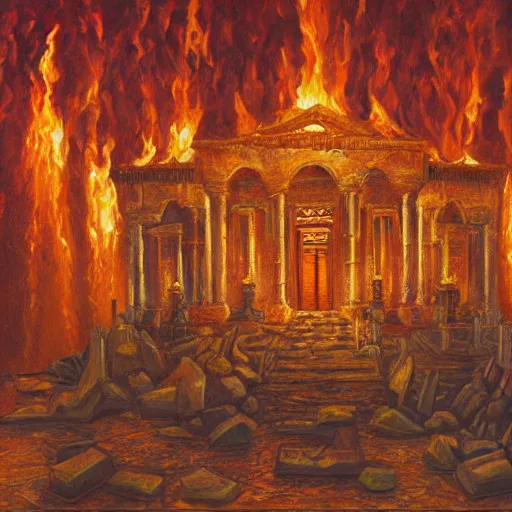 Prompt: a beautiful, detailed, and realistic oil painting of the Temple of Solomon in flames