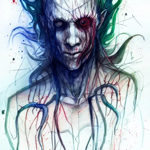 Prompt: cthulhu with a human body walks through the streets of london. by Agnes Cecile but in watercolor and pencil