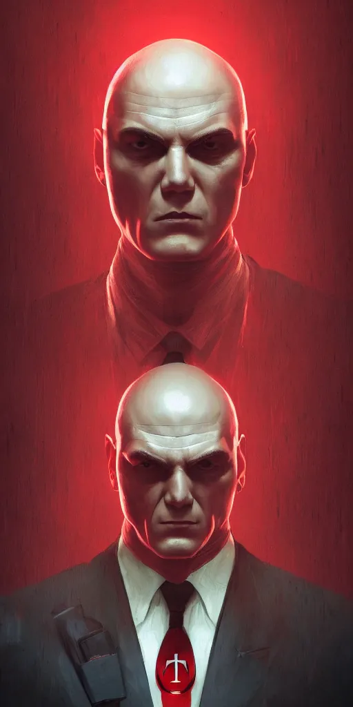 Prompt: an intricate and expressive portrait of agent 4 7 from hitman in a research lab full of clones, dark background, red rim light, highly detailed, digital art, artstation, concept art by giger stalenhag