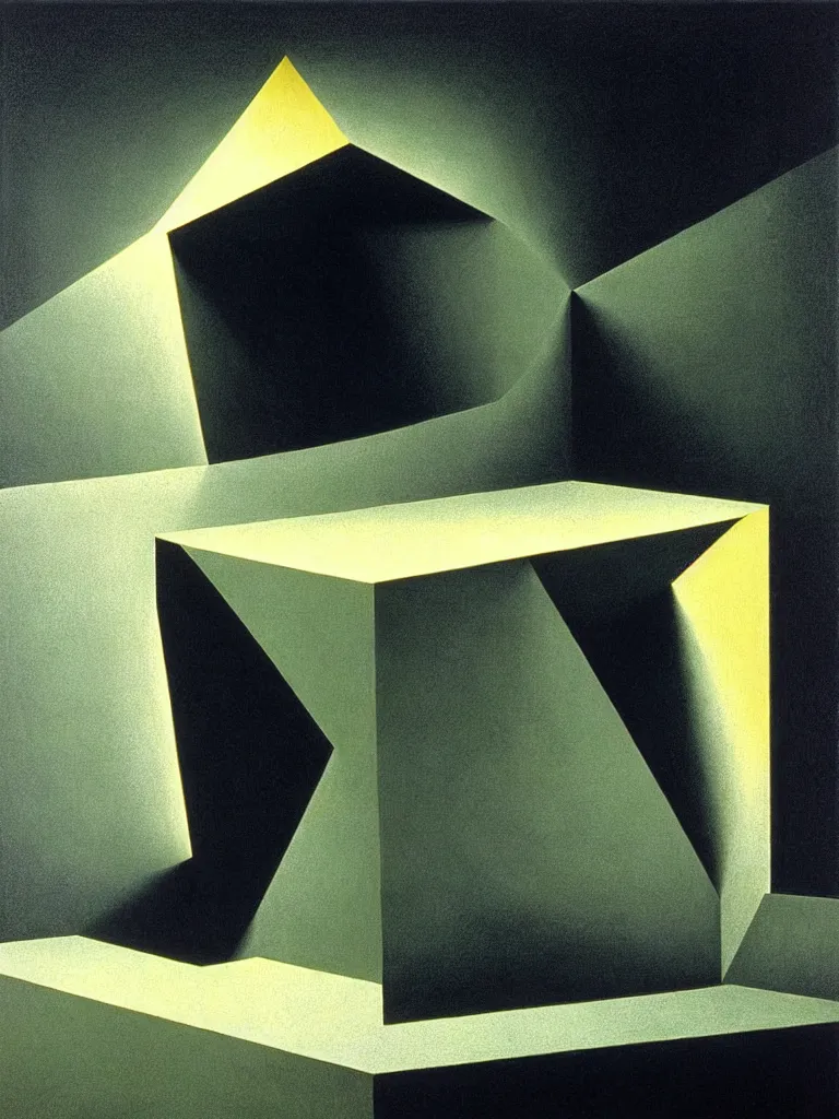 Image similar to hyperrealistic still life wide shot a mind contemplating itself, sacred geometry, light refracting through prisms, by caravaggio, surrealism, vivid colors, serene, golden ratio, rule of thirds, negative space, minimalist composition, by rene magritte and james turrell