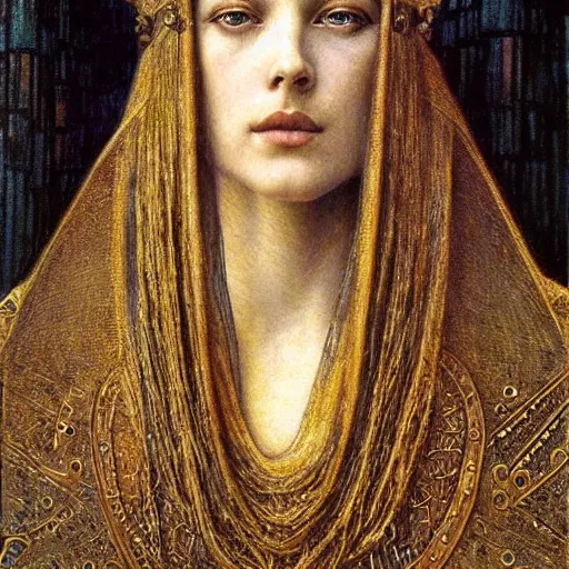 Image similar to detailed realistic half body portrait of a beautiful young medieval queen by jean delville, art nouveau, symbolist, visionary, gothic