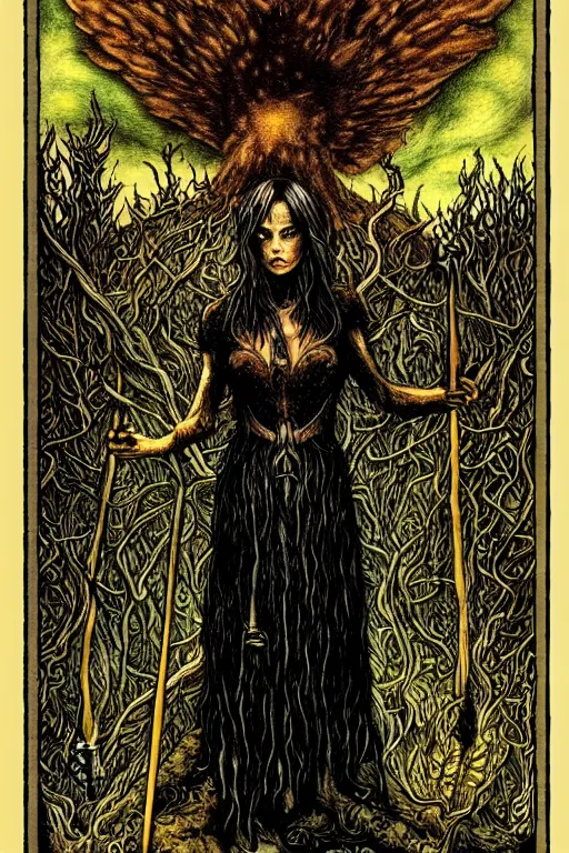 Image similar to dark fantasy, tarot card of the radie peat from the band lankum!!!!!, dark surrealist , fantasy, intricate, elegant, highly detailed, digital painting, artstation, concept art, smooth, sharp focus, illustration, art by Jim Fitzpatrick