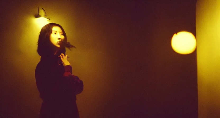 Image similar to girl smoking in a wong kar wai movie, cinematic light, atmospheric effects