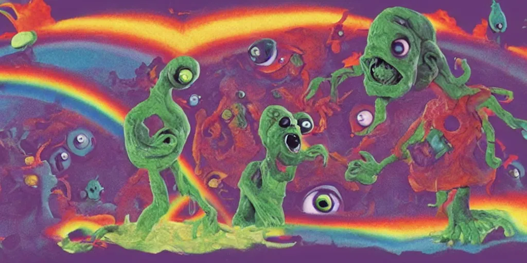 Image similar to giant scary claymation monsters eating eachother and merging into eyeballs and rainbows