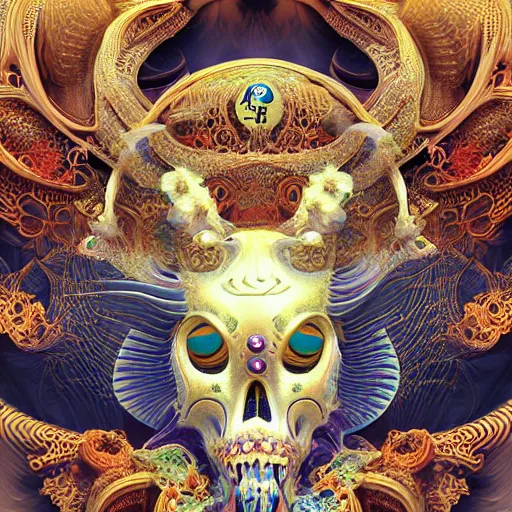 Image similar to 3 d goddess fractal close - up frontal portrait with ram golden skull. beautiful intricately detailed japanese fractal kitsune mask and clasical japanese kimono. betta fish, jellyfish fractal, bio luminescent, plasma, ice, water, wind, creature, mandelbulb, fractal, artwork by tooth wu and wlop and beeple and greg rutkowski