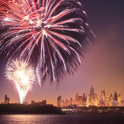 Prompt: Vérifié “Amazing fireworks, view from Ellis Island, 4th of July. Sony A7, f/2