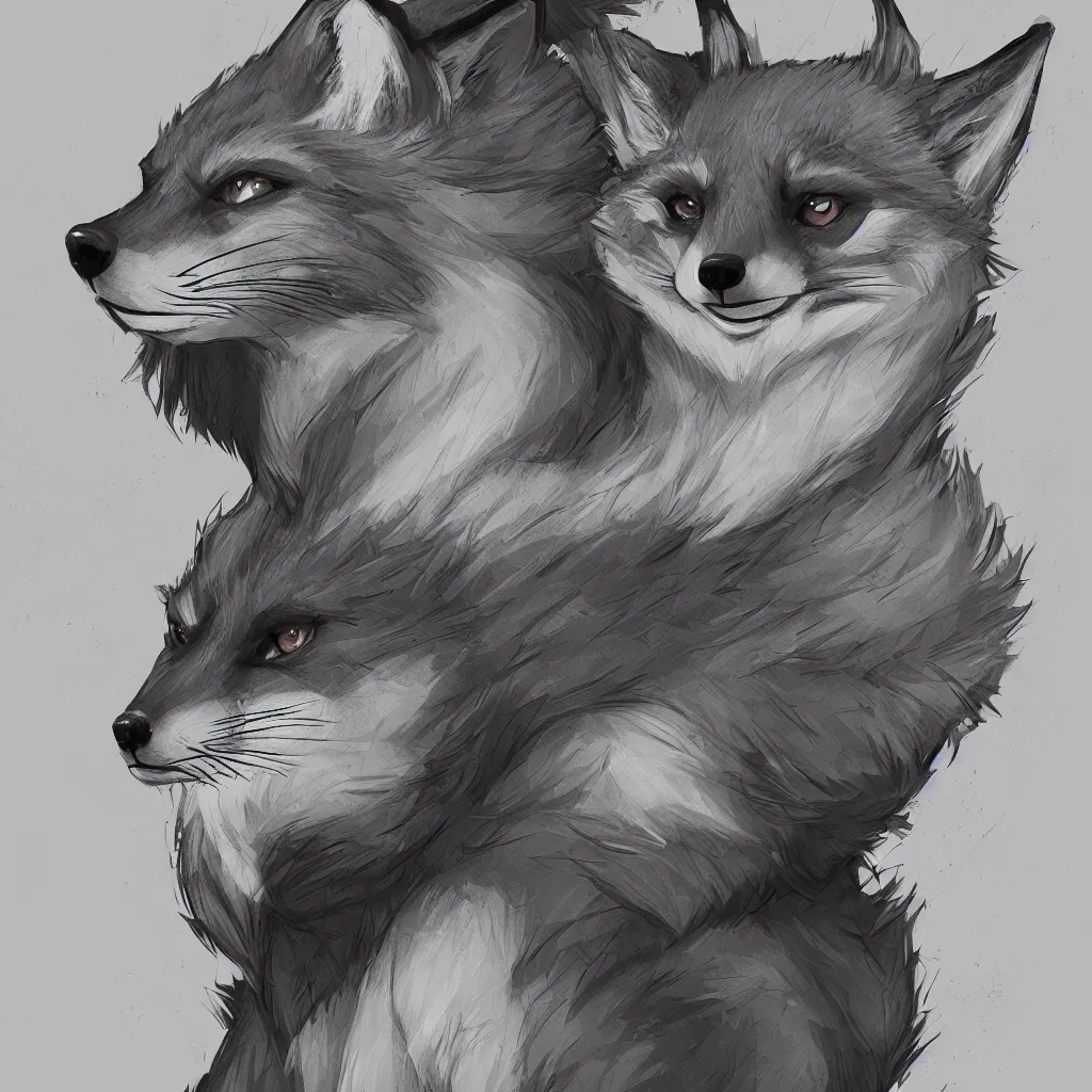 Image similar to a portrait of an anthropomorphic fox wearing a hoodie, symmetrical facial features, symmetrical proportions, league of legends, concept art, illustration, artstation, black and white