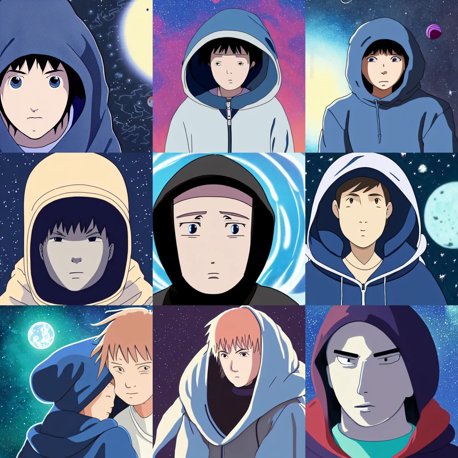 Prompt: Spirited away dark blonde guy with blue eyes wearing a hoodie in space, astonishing background, detailed face, centered