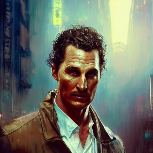 Prompt: matthey mcconaughey, hyperrealistic portrait, bladerunner street, art of elysium by jeremy mann and alphonse mucha, fantasy art, photo realistic, dynamic lighting, artstation, poster, volumetric lighting, very detailed face, 4 k, award winning