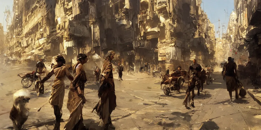 Prompt: highly realistic concept art, anders zorn, craig mullins, rutkowski, dramatic light, in the streets of the bustling city of ancient cairo