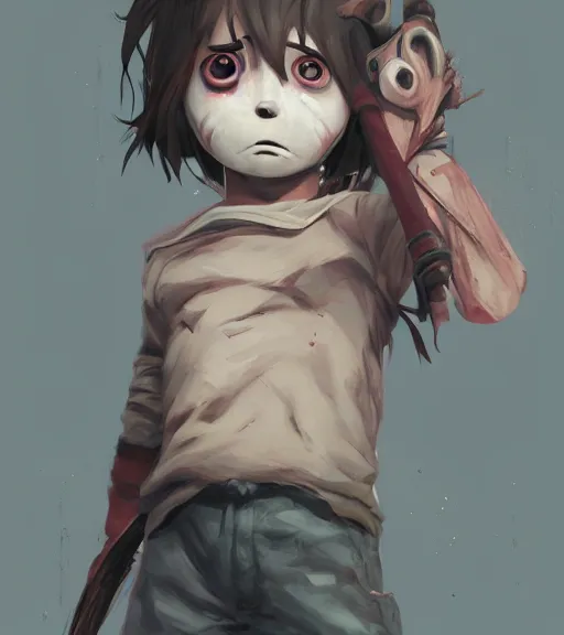 Prompt: beautiful little boy anime character inspired by jason voorhees and frankstein, art by rossdraws, wlop, ilya kuvshinov, artgem lau, sakimichan and makoto shinkai, concept art, anatomically correct, extremely coherent, realistic, smooth hd