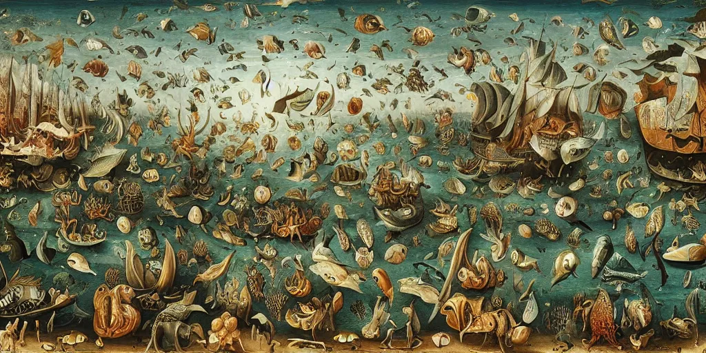 Image similar to thriving marine life in the style of heironymus bosch, beautiful intricate masterpiece, hyper detailed, hd