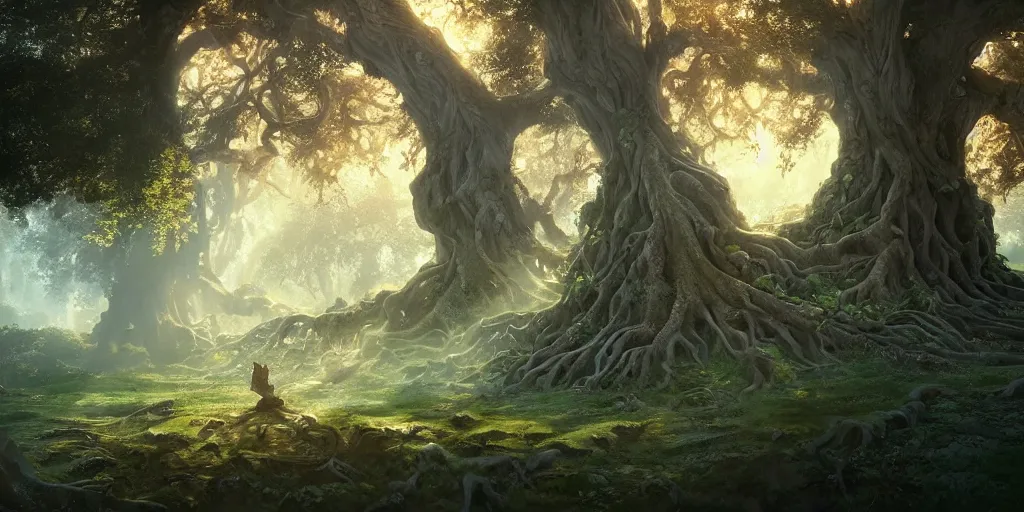 Prompt: temple built into the gnarled roots of an enormous oak tree, idyllic forest scape by jordan grimmer and rebecca guay, crepuscular rays, vibrant, wide angle, epic, vast, trending on artstation, cgsociety, intricate, atmospheric lighting, unreal engine, 8 k resolution, ultrafine detail, octane render