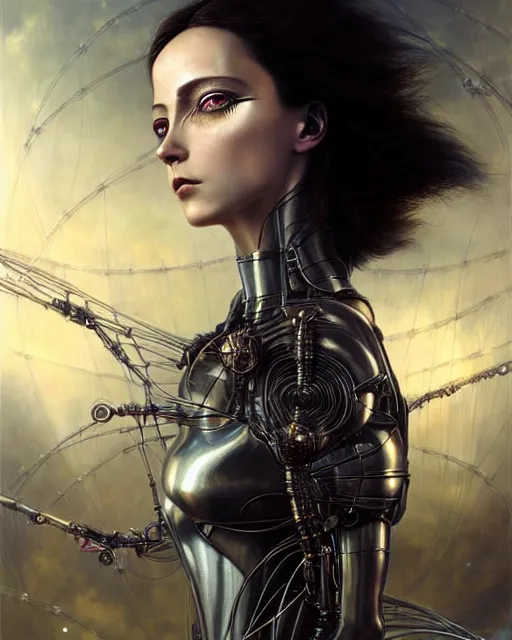 Image similar to karol bak and tom bagshaw and bastien lecouffe - deharme full body character portrait of alita battle angel as galadriel, floating in a powerful zen state, supermodel, beautiful and ominous, wearing combination of mecha and bodysuit made of wires and silk, machinery enveloping nature in the background, scifi character render