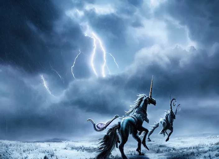 Image similar to unicorn fighting a dragon, beautiful snowy landscape, lightning storm, dramatic lightning, cinematic, establishing shot, extremly high detail, photorealistic, cinematic lighting, epic fight scene, post processed, concept art, artstation, matte painting, style by greg rutkowsky