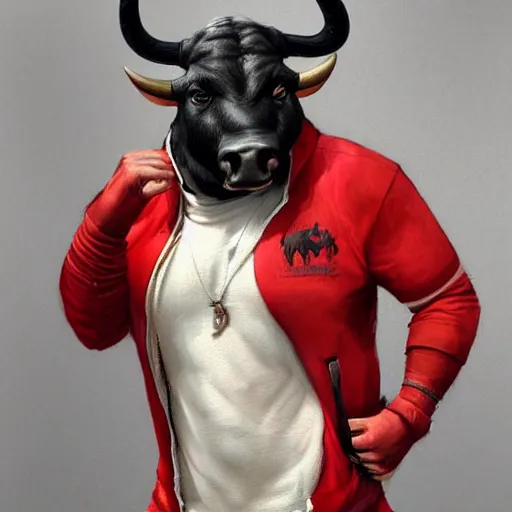 Image similar to a award winnimg commission portrait of a fit anthro bull wearimg a red tracksuit,digital art,art by greg rutkowski,character design by charles bowater,professional character design,ross tran,artstation,deviantart,photorealistic,detailed face,hyperdetailed,4k