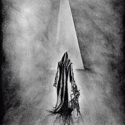 Prompt: Black and white drawing of Pyramid Head, Stephen Gammell style, evil, high detail, Scary Stories