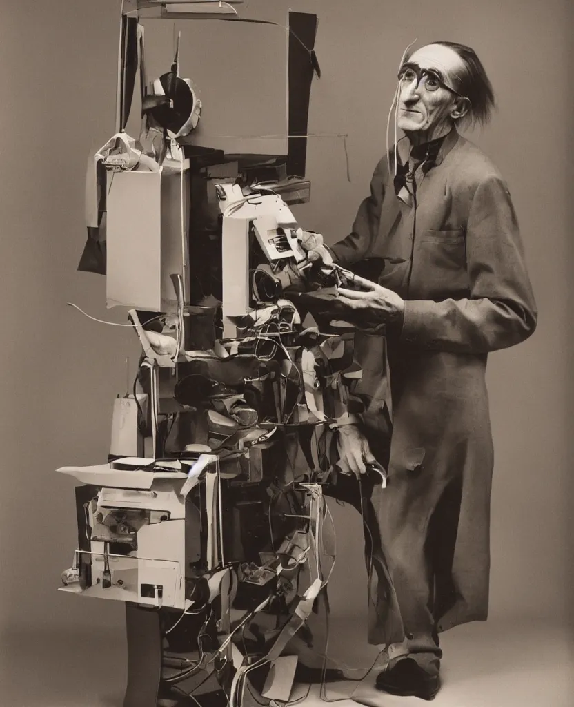 Prompt: Kodachrome portrait of Marcel Duchamp with a technological machine, archival pigment print in the style of Trevor Paglen, studio shooting, contemporary art