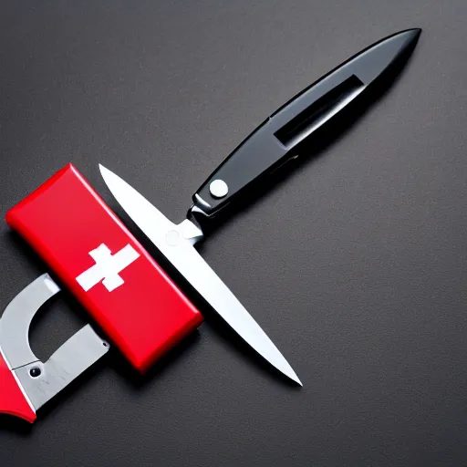 Image similar to High Quality Product Photo of Swiss Army Knife of the Future, Isolated, Black Background, Studio Lighting