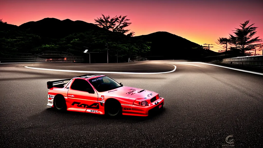 Image similar to a car drift spec mazda fc3s rx7 in middle of road, gunma prefecture, city sunset night, cinematic color, photorealistic, highly detailed