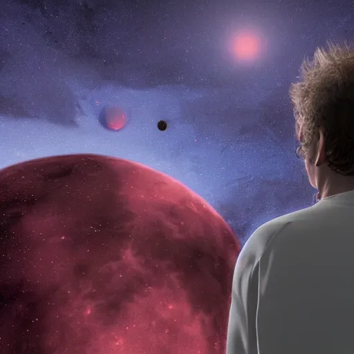 Image similar to gustavo cerati looking at the red moon in the universe, universe, stars, digital art, render unreal engine, highly detailed face, asymmetrical