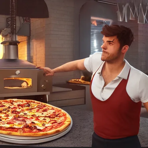 Image similar to man is surprised opening a pizza oven, discovers pizza, photo by artgerm, greg rutkowski and alphonse mucha, unreal engine 5, 4 k uhd