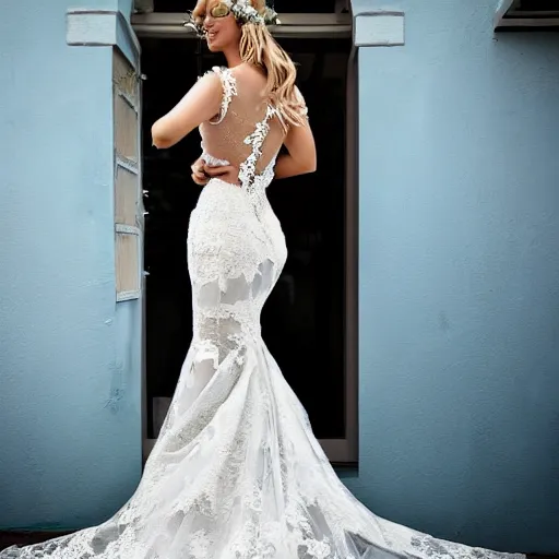 Image similar to full view, a beautiful full detailed ocean inspired wedding dress, put on a mannequin