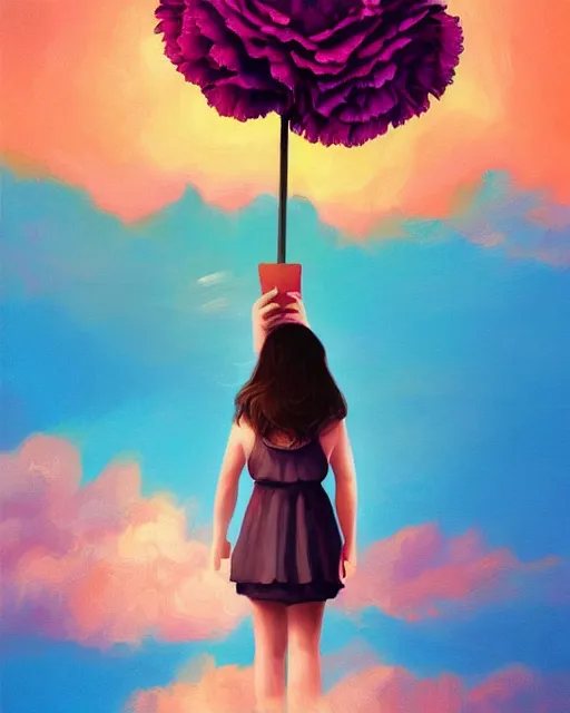 Image similar to girl with a giant carnation as face, surreal photography, flower field, sunset dramatic light, impressionist painting, colorful clouds, blue sky, digital painting, artstation, simon stalenhag