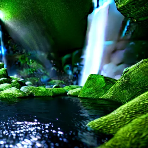 Prompt: a lush cave with a waterfall hyper realistic 8k unreal engine