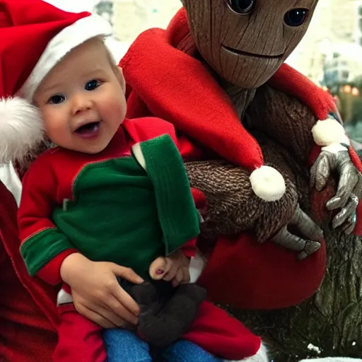 Prompt: baby groot sitting on a mall santas lap